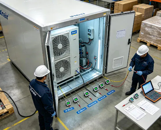 Xnair factory quality control team conducting a 100% full-load run test on a 10ft walk-in chiller before packaging, with digital temperature probes monitoring internal air temperature at multiple points