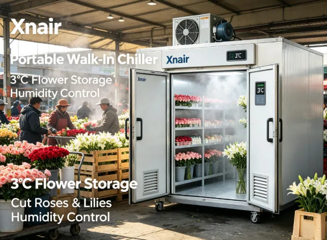 Xnair portable walk-in chiller deployed at a flower wholesale market, maintaining 3°C for cut roses and lilies with humidity control