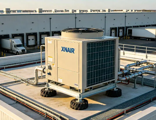 xnair condensing unit serving a food processing blast freezer for meat and poultry products, roof-mounted with vibration isolation pads
