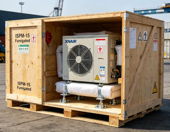 xnair condensing unit secured in ISPM-15 fumigated plywood export crate with shock indicator labels and M12 anchor bolts, ready for ocean freight container loading