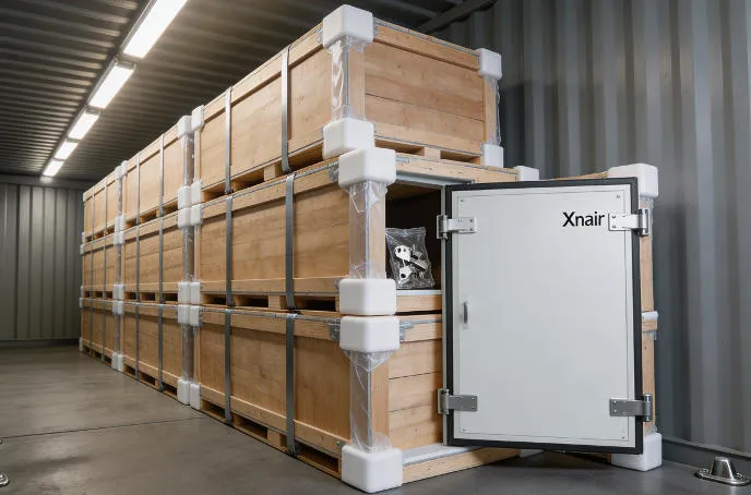 Xnair swing cold room door packed in reinforced plywood crate with high-density foam corner protectors, moisture-barrier lining, and steel strapping, ready for ocean freight container loading