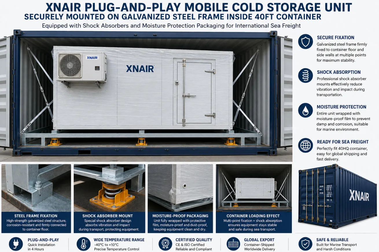 XNAIR plug-and-play cold storage unit secured on galvanized steel cradle inside a 40ft shipping container with vibration-dampening mounts and moisture barrier wrapping for international ocean freight