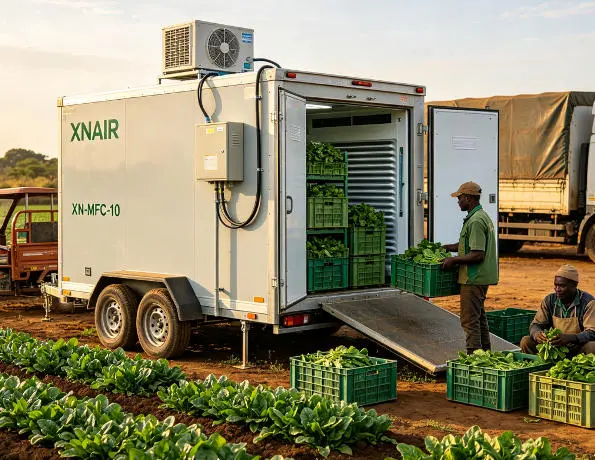 XNAIR mobile food cold storage unit stationed at agricultural farm collection point for immediate post-harvest pre-cooling of leafy vegetables