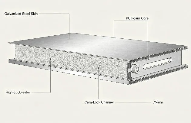 Cutaway engineering diagram of Xnair 75mm PU sandwich panel showing 0.5mm galvanized steel skins, 40kg/m³ polyurethane foam core, and cam-lock fastener cross-section