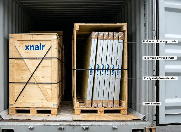 xnair rock wool cold storage panels securely packed in fumigated plywood crates with steel banding inside a 20ft shipping container for overseas export
