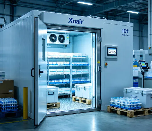 Xnair 10ft chiller used as a buffer cold room at a pharmaceutical distribution center, storing temperature-sensitive vaccines and biologics at 2–8°C