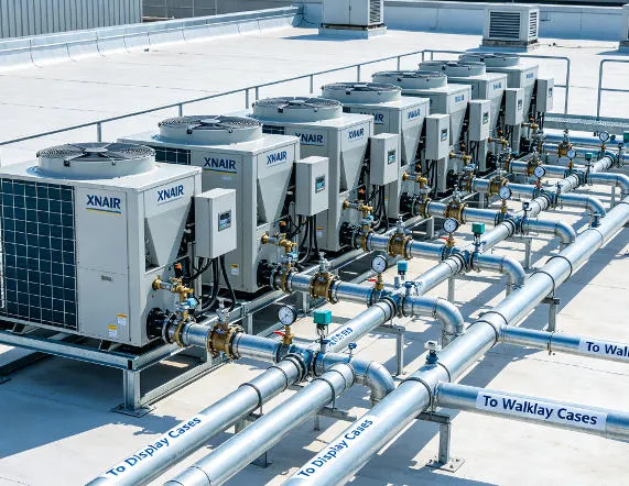 xnair air-cooled condensing unit at a GMP-compliant pharmaceutical cold storage facility maintaining +2°C to +8°C for vaccine and biologic storage