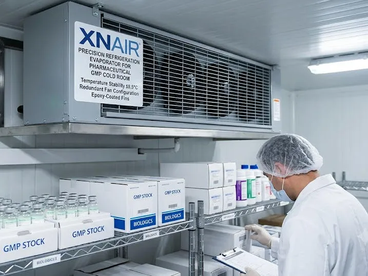 XNAIR precision refrigeration evaporator for pharmaceutical GMP cold room — temperature stability ±0.5°C, redundant fan configuration, epoxy-coated fins