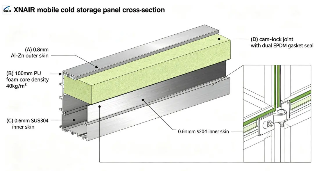 Cutaway engineering diagram of XNAIR mobile cold storage panel showing 100mm PU foam core, stainless steel inner skin, and aluminum-zinc outer skin with anti-corrosion coating