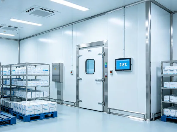 XNAIR polyurethane cold storage panels installed in a pharmaceutical GMP-compliant cold chain logistics center maintaining 2-8°C controlled environment
