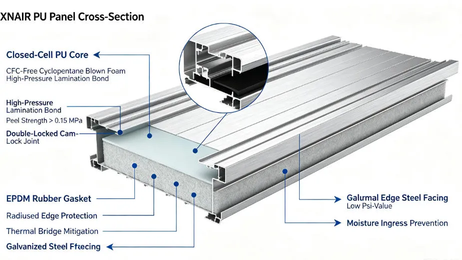 Cross-section engineering diagram of XNAIR PU panel revealing polyurethane foam core density distribution, double-locked cam-lock joint profile, and galvanized steel facing layers
