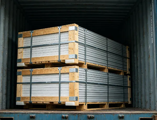 XNAIR PU panels reinforced with heavy-duty fumigated plywood crating and steel strapping secured inside a 40-foot shipping container for export