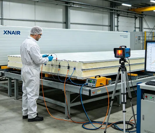 Factory quality control technician conducting full-load thermal performance verification on XNAIR polyurethane cold storage panels before shipment