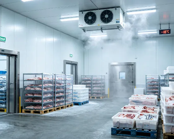 XNAIR insulated sandwich panels lining a large-scale food processing cold storage facility for frozen meat and seafood preservation