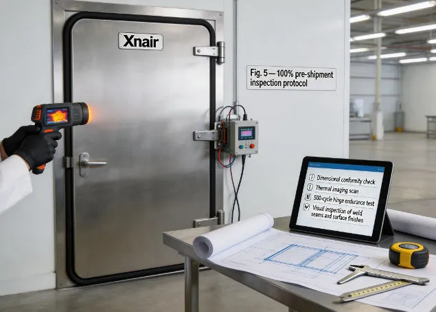 Xnair factory quality control technician performing 100% pre-shipment inspection on swing cold room door including thermal imaging seal integrity check and hinge cycle testing