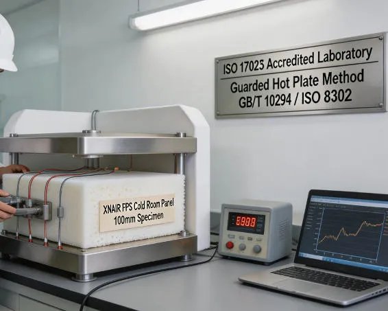 XNAIR factory quality control technician conducting thermal conductivity measurement on EPS cold room panel sample using guarded hot plate apparatus in an ISO 17025 accredited laboratory