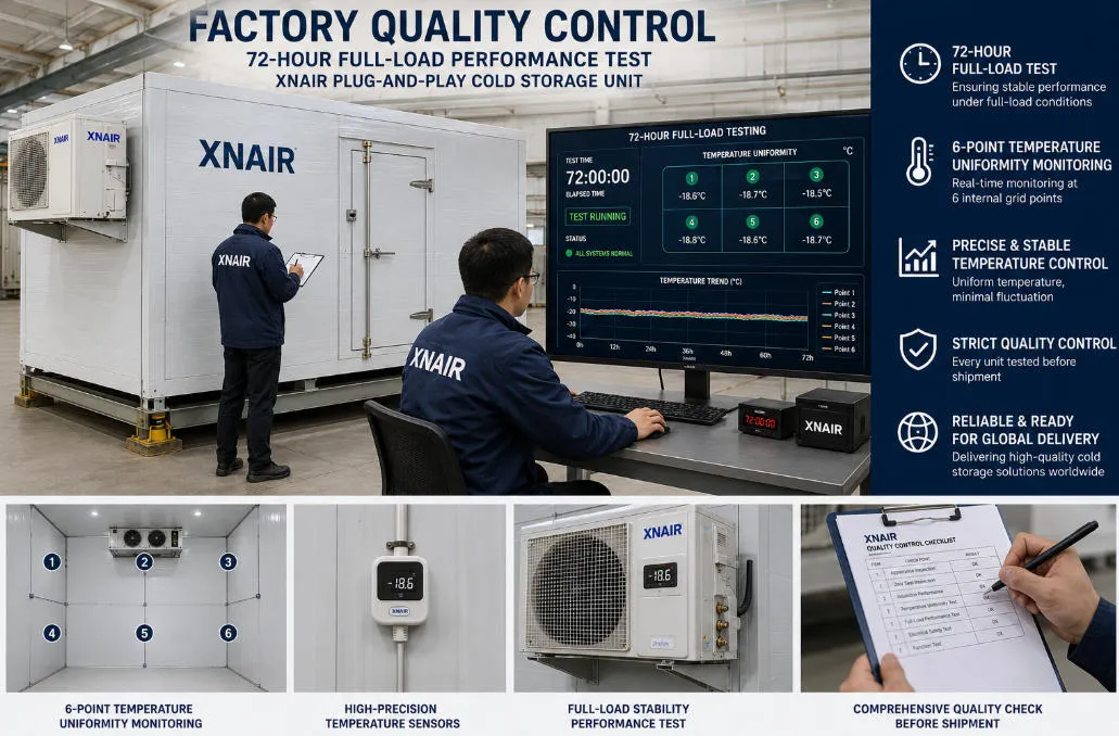 Factory quality control team conducting 72-hour full-load performance test on a XNAIR plug-and-play cold storage unit with digital monitoring of temperature uniformity across 6 internal grid points