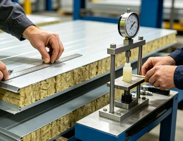 Quality control inspection of rock wool cold storage panels at xnair factory – dimensional accuracy check and adhesive bond strength testing before shipment