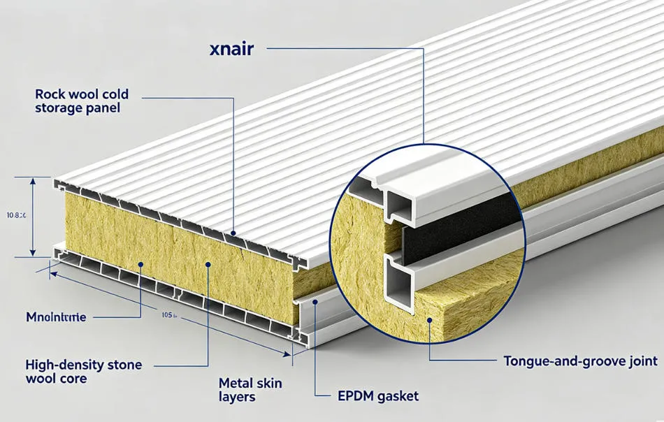 Cutaway engineering diagram of xnair rock wool cold storage panel showing high-density stone wool core, metal skin layers, and tongue-and-groove joint with EPDM gasket