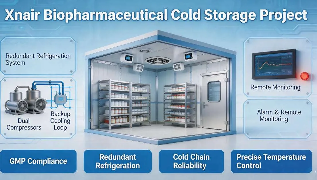 Biopharmaceutical cold storage project by Xnair - GMP-compliant cold room with redundant refrigeration