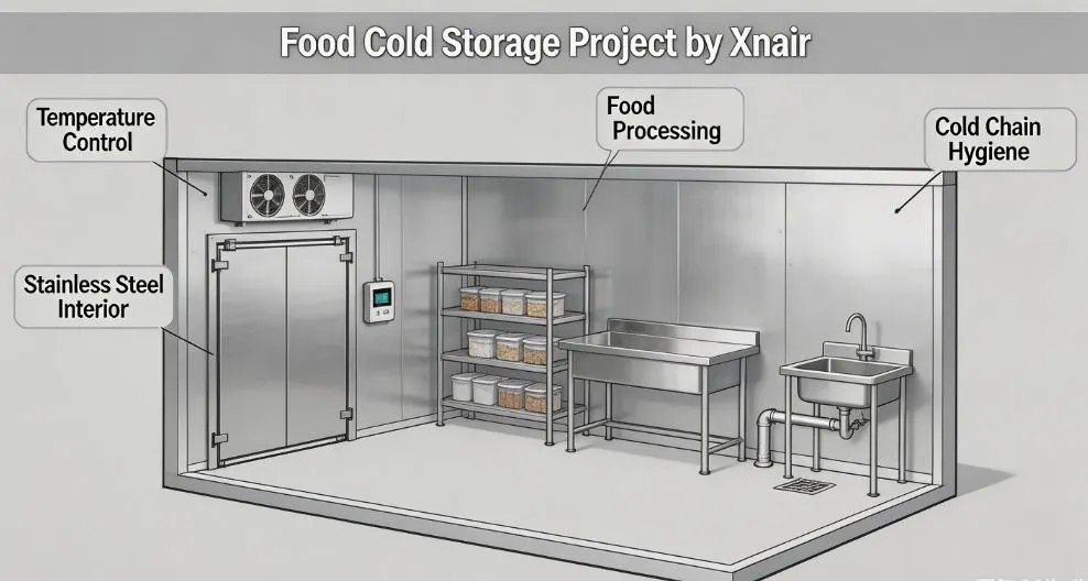 Food cold storage project by Xnair - refrigerated processing room with stainless steel interior