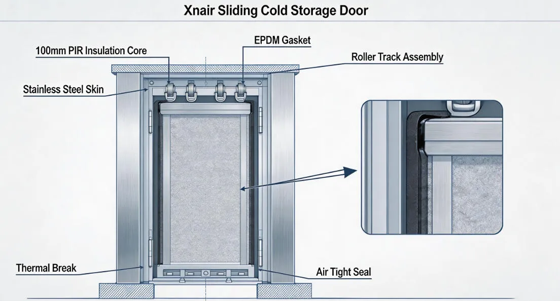 Engineering cross-section diagram of Xnair sliding cold storage door – 100mm PIR insulation core, stainless steel skin, EPDM gasket, and roller track assembly detail