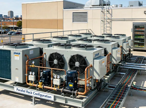 xnair condensing units in parallel rack configuration on a supermarket rooftop serving display cases and walk-in coolers
