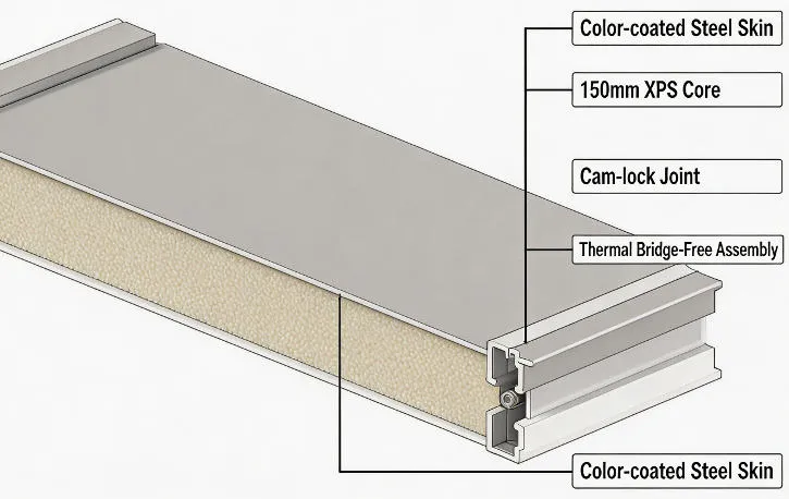 Cross-section engineering diagram of xnair XPS cold room panel showing extruded polystyrene core at 150mm thickness, color-coated steel skins, and cam-lock joint mechanism for thermal bridge-free assembly