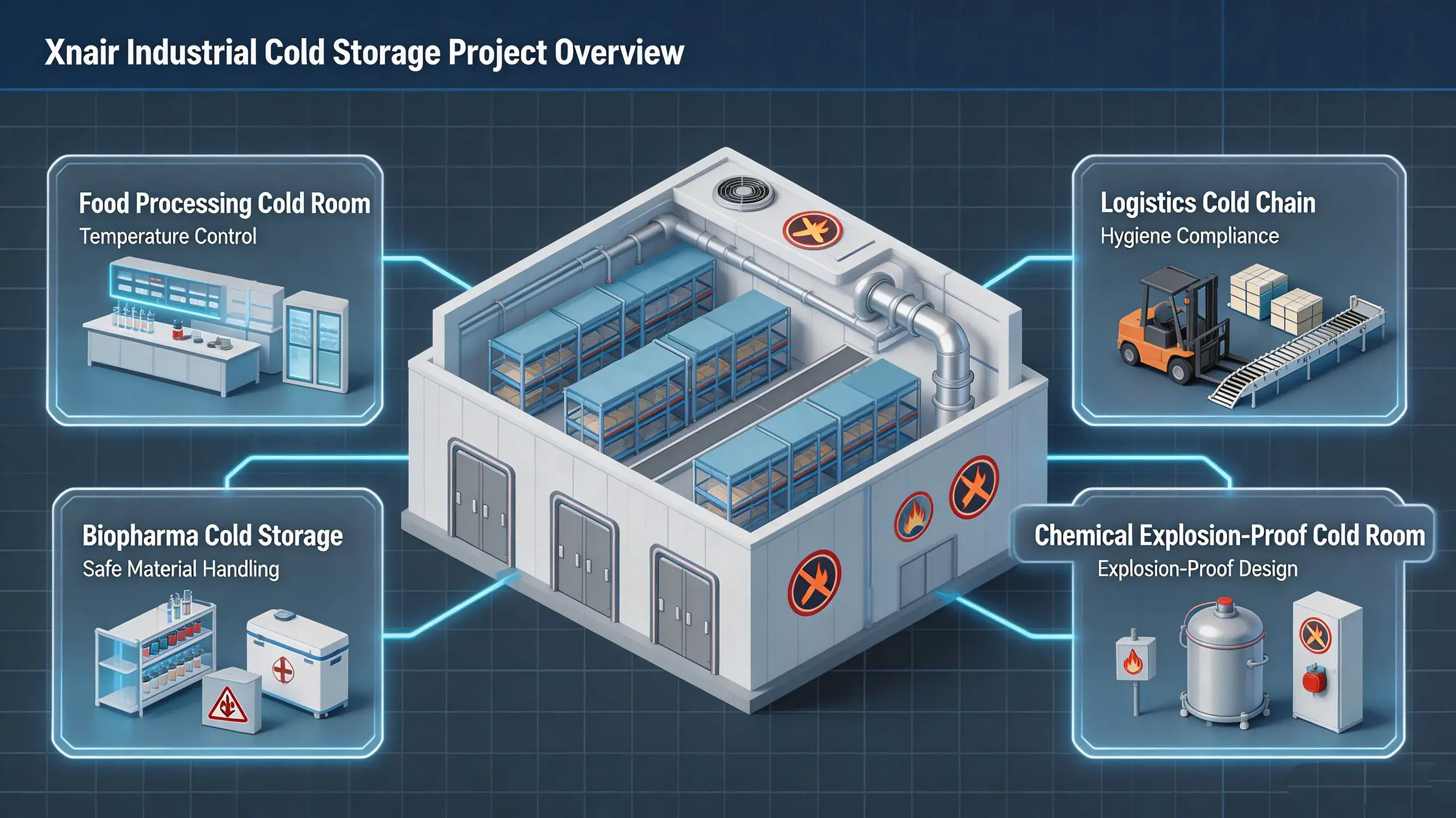 Xnair industrial cold storage project overview - food processing, logistics, biopharma, and chemical explosion-proof cold rooms