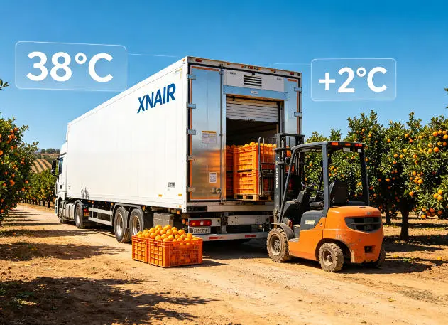 XNAIR 20ft mobile cold room deployed on a citrus farm in southern Spain for immediate post-harvest pre-cooling — unit operating under direct sunlight at 38°C ambient, maintaining +2°C internal for fresh produce preservation