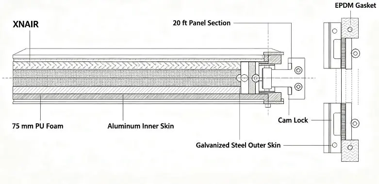 Cutaway engineering diagram of XNAIR 20ft cold room wall section showing 75mm PU foam core between embossed aluminum inner skin and galvanized steel outer skin, with cam-lock joint detail