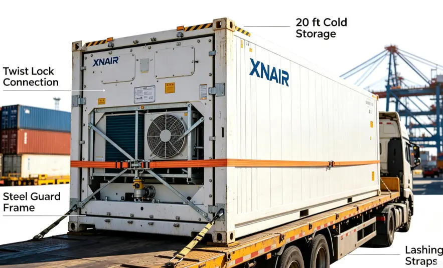 XNAIR 20ft containerized cold room secured on a flat-rack for ocean freight shipment from Shanghai port — twist-lock corner castings engaged, refrigeration unit protected with steel guard frame, anti-tilt strapping visible