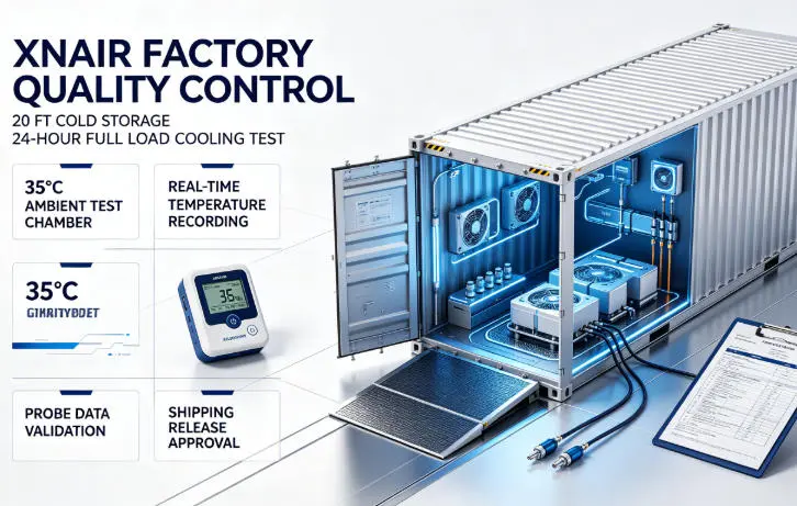 XNAIR factory quality control — 20ft cold room undergoing 24-hour full-load pull-down test at 35°C ambient chamber, digital temperature logger recording internal air and product-simulant probe data